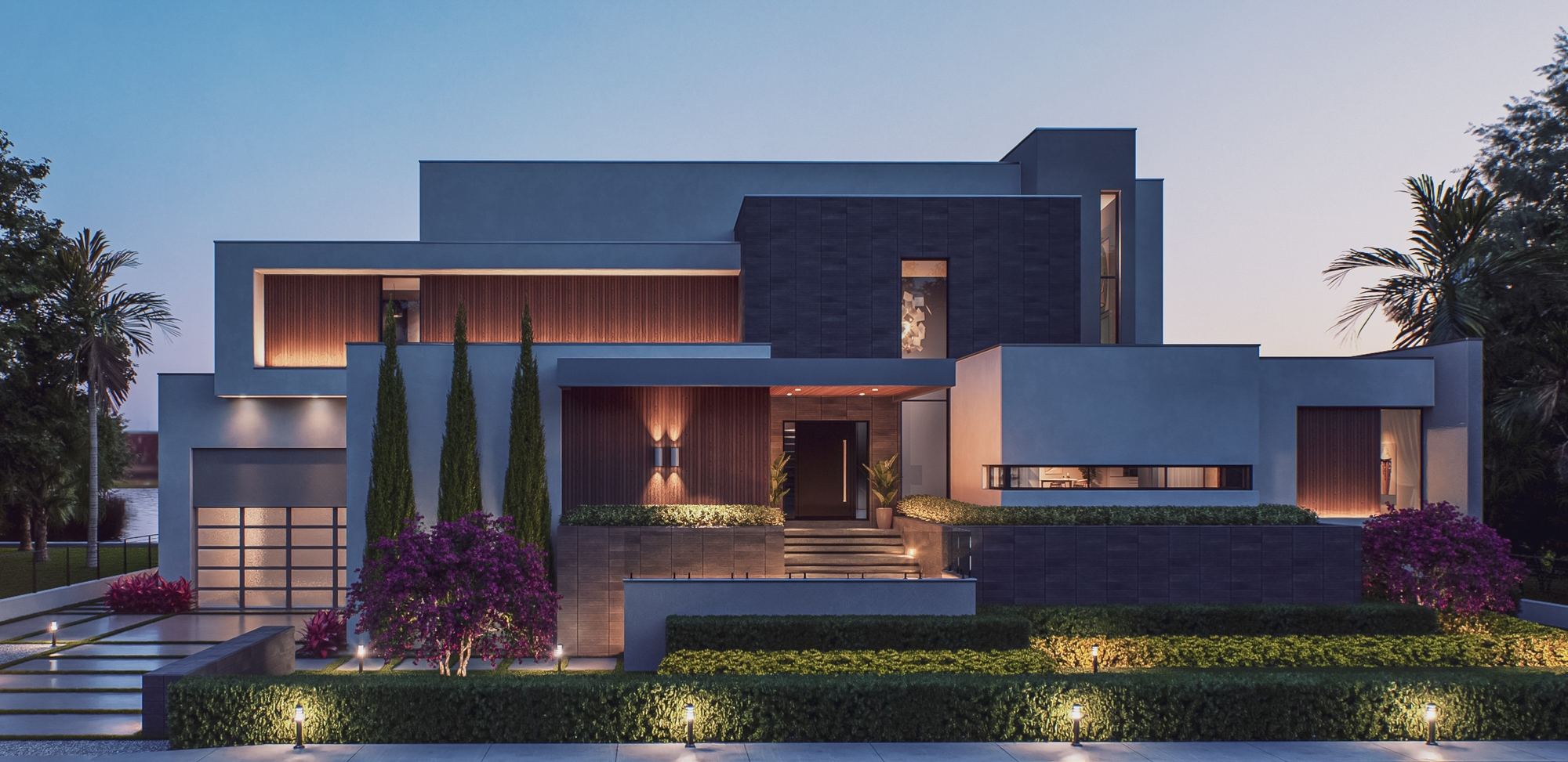 Crescendo rendering at dusk, street side, with lit wood and stone facade