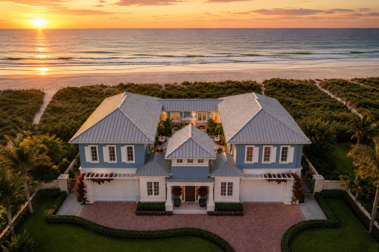 Edgewater rendering at sunset, seen from above the motor court with the Gulf behind