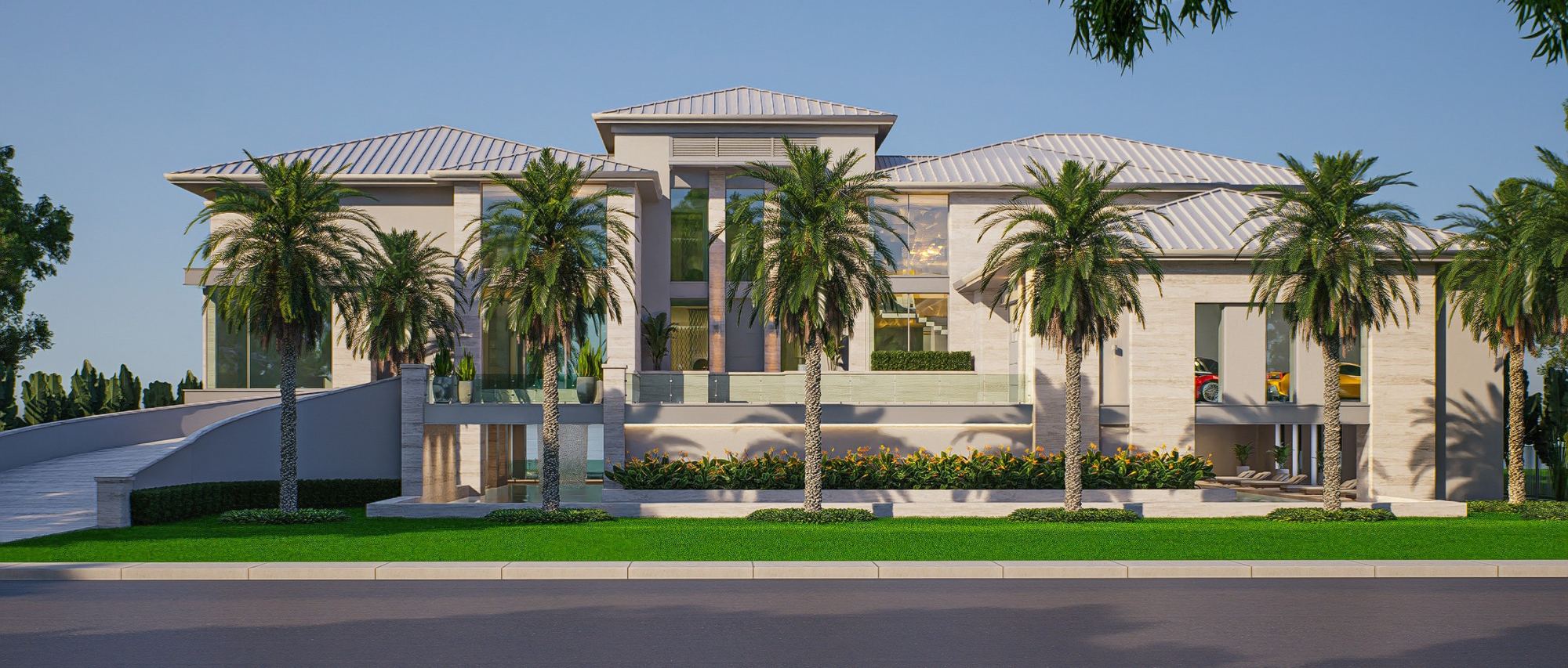 Villa Modena rendering from Gulf Boulevard, a palm-lined motor court and travertine facade