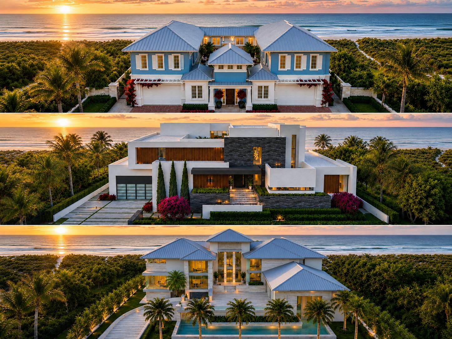 Sunset renderings of Edgewater, Crescendo and Villa Modena stacked one above the other